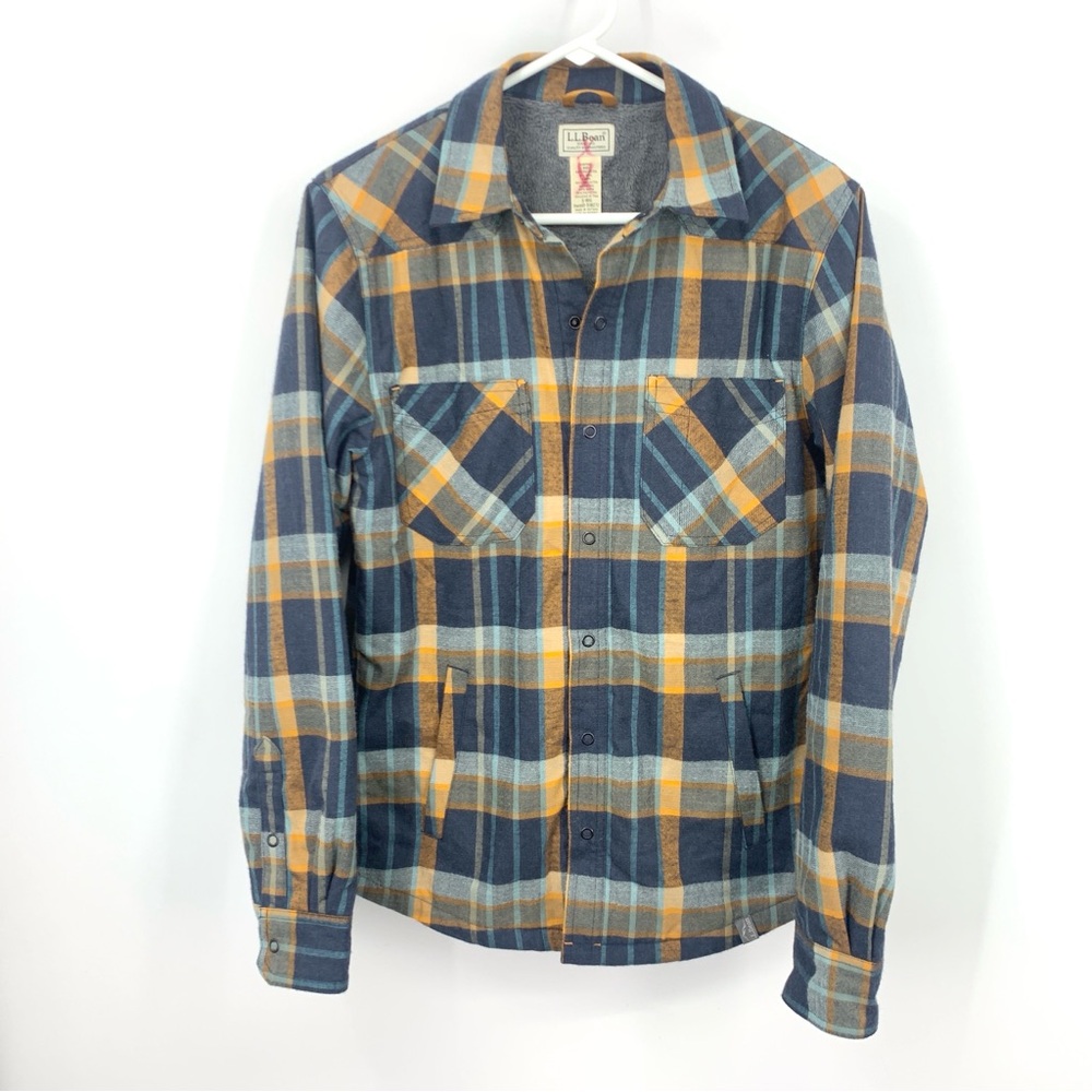 LL Bean Men Size Small Shirt Snap‎ Down Top Blue Plaid Flannel Fleece Lined